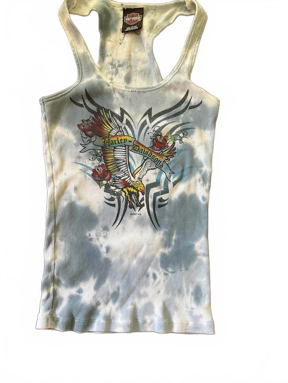 Harley Davidson Blue Tie Dye Ribbed Graphic Tank Top